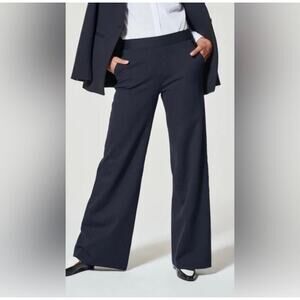 Spanx Wide Leg Pants High Waist Ponte Navy Pin Stripe Career Office Work Medium